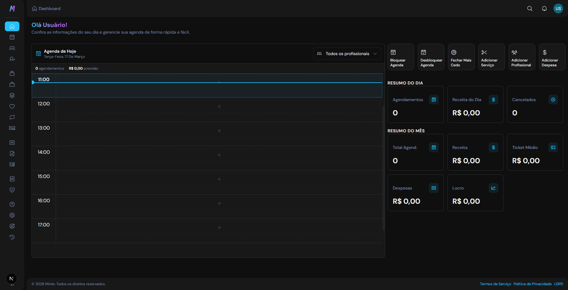 Dashboard do Minte - Interface moderna para agendamentos